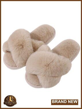 Women's Memory Foam Faux Fur Crisscross Open Toe House Slippers